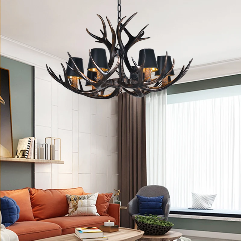 Zwarte 3/6/8 lichts kroonluchterverlichting rustieke hars conische hanglamp met kunstgewei voor slaapkamer Clearhalo