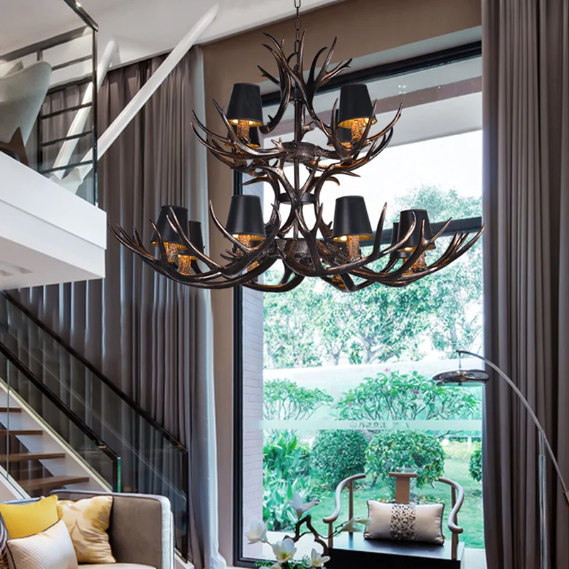 Zwarte 3/6/8 lichts kroonluchterverlichting rustieke hars conische hanglamp met kunstgewei voor slaapkamer Clearhalo
