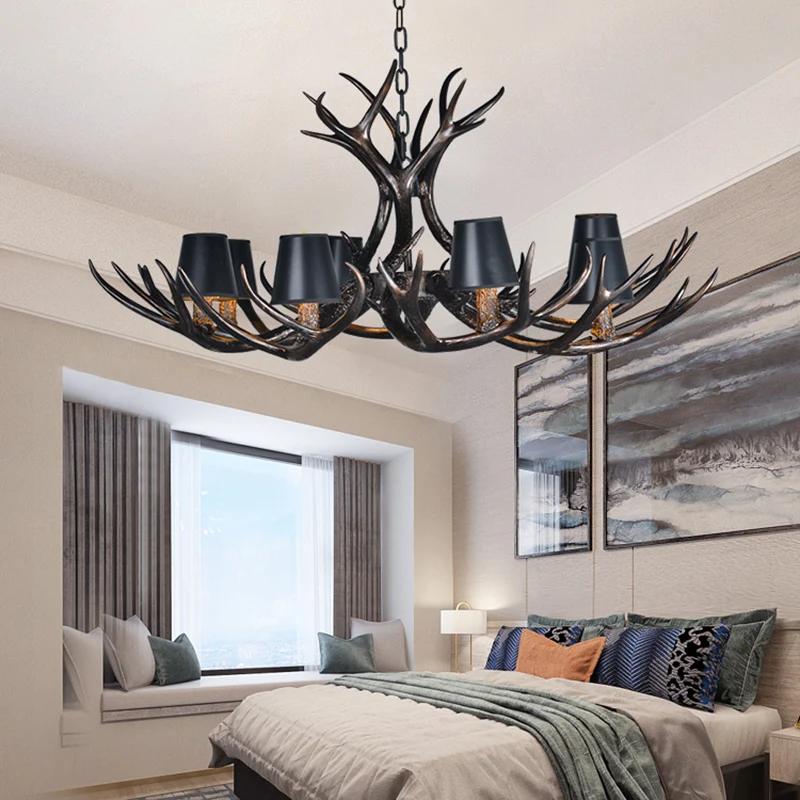 Zwarte 3/6/8 lichts kroonluchterverlichting rustieke hars conische hanglamp met kunstgewei voor slaapkamer Clearhalo