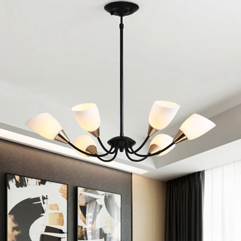 Zwarte 3/6/8-lichts hangende kroonluchter Klassieke matglazen ovale kap hanglamp met Spoetnik-ontwerp Clearhalo