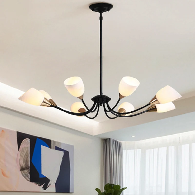 Zwarte 3/6/8-lichts hangende kroonluchter Klassieke matglazen ovale kap hanglamp met Spoetnik-ontwerp Clearhalo