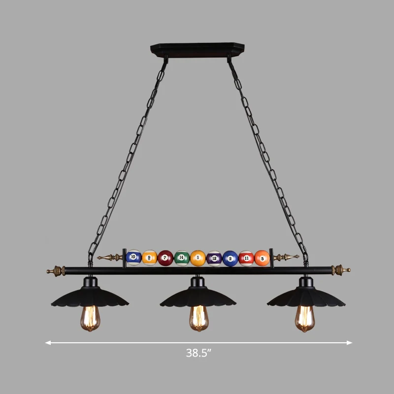 Zwarte 3-lichts hanglamp Industrieel metalen lineaire eilandlamp met kap en biljartballen Clearhalo