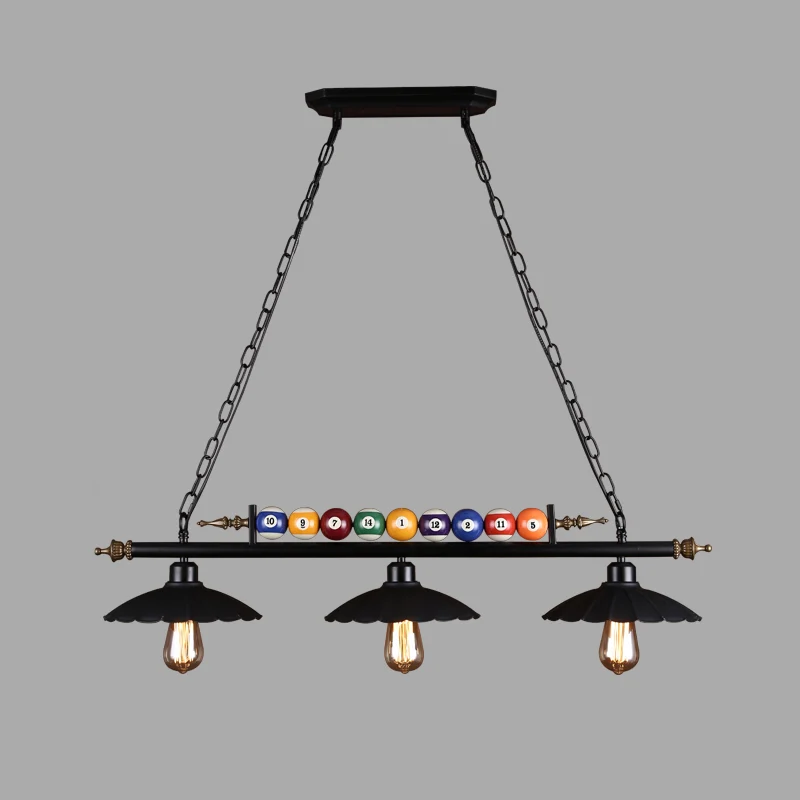 Zwarte 3-lichts hanglamp Industrieel metalen lineaire eilandlamp met kap en biljartballen Clearhalo