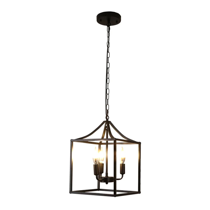 Zwarte 3-lichts hanglamp Retro vierkante kooi metalen kroonluchterlamp voor diner Clearhalo