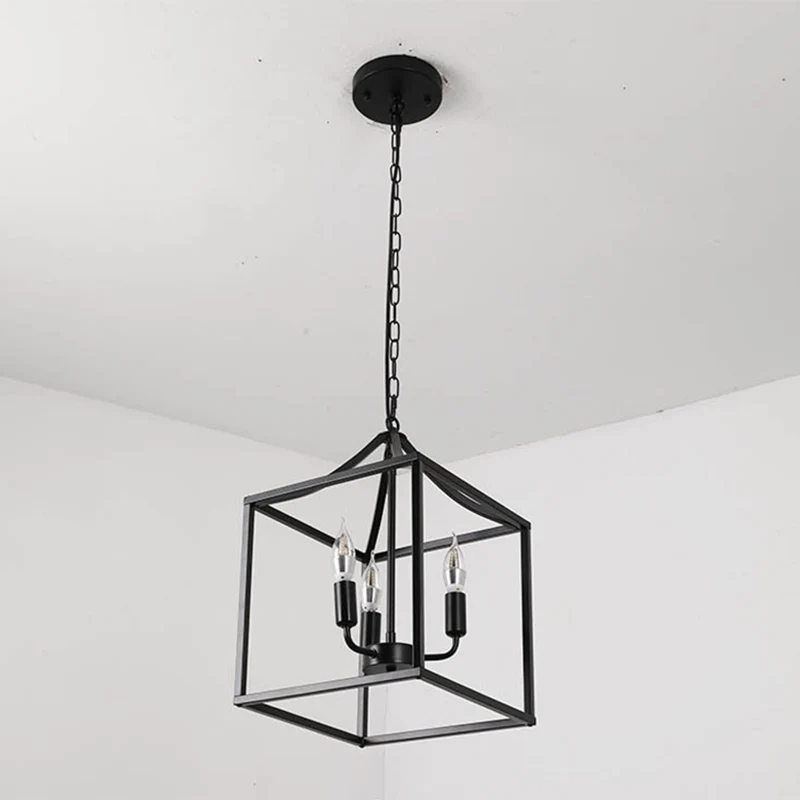 Zwarte 3-lichts hanglamp Retro vierkante kooi metalen kroonluchterlamp voor diner Clearhalo