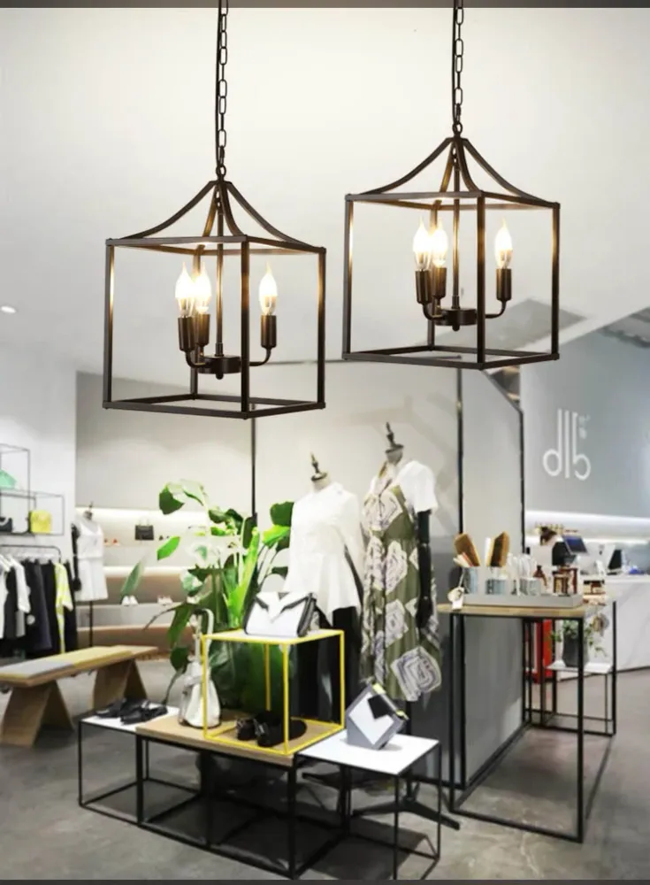 Zwarte 3-lichts hanglamp Retro vierkante kooi metalen kroonluchterlamp voor diner Clearhalo