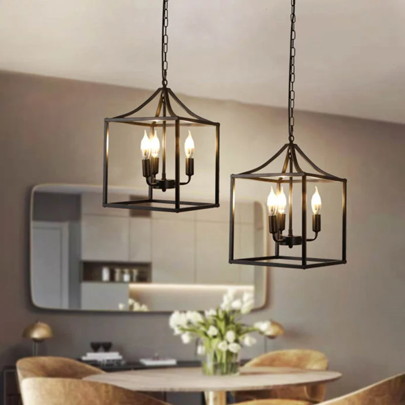 Zwarte 3-lichts hanglamp Retro vierkante kooi metalen kroonluchterlamp voor diner Clearhalo