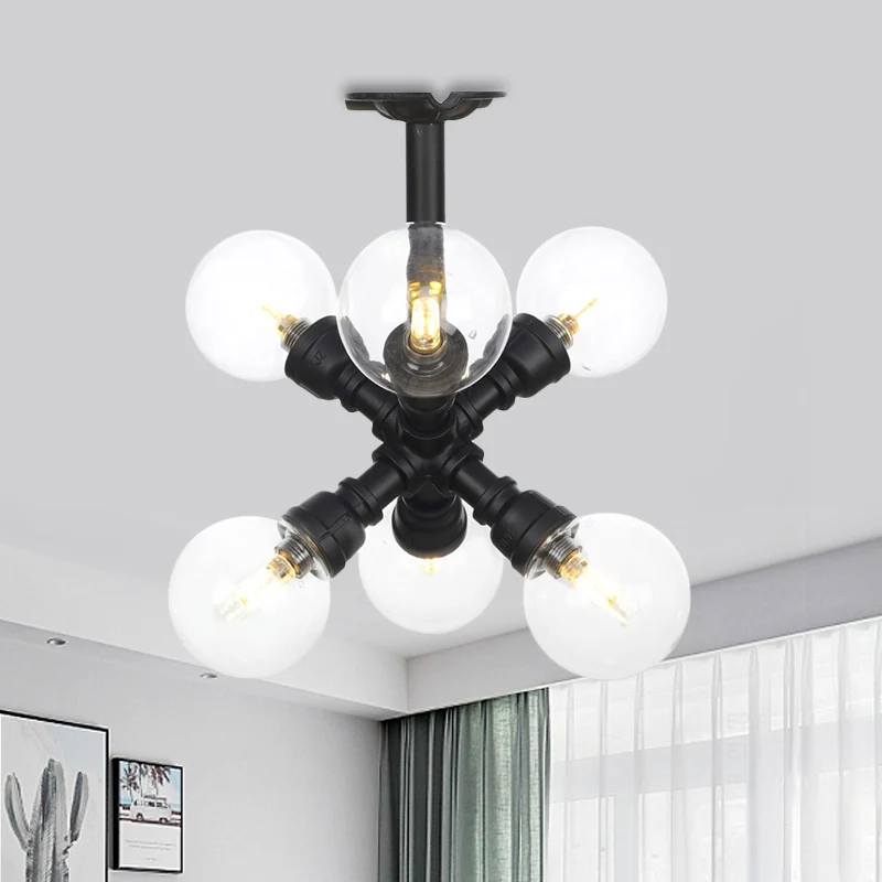 Zwarte 4/5/6-kops semi-inbouw antieke helderglazen bol LED dicht bij plafondverlichting Clearhalo