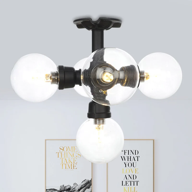 Zwarte 4/5/6-kops semi-inbouw antieke helderglazen bol LED dicht bij plafondverlichting Clearhalo