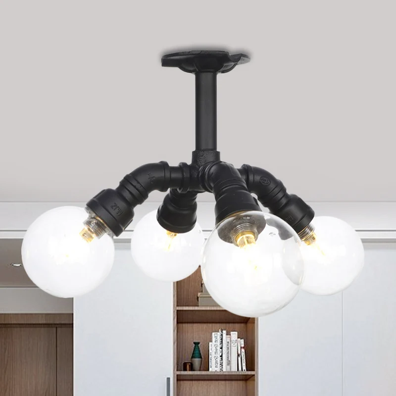 Zwarte 4/5/6-kops semi-inbouw antieke helderglazen bol LED dicht bij plafondverlichting Clearhalo