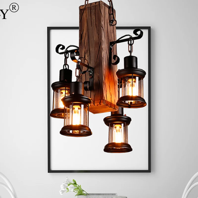 Zwarte 4-lichts kroonluchterlamp, industriële helderglazen lantaarnhanglamp met houten balk Clearhalo