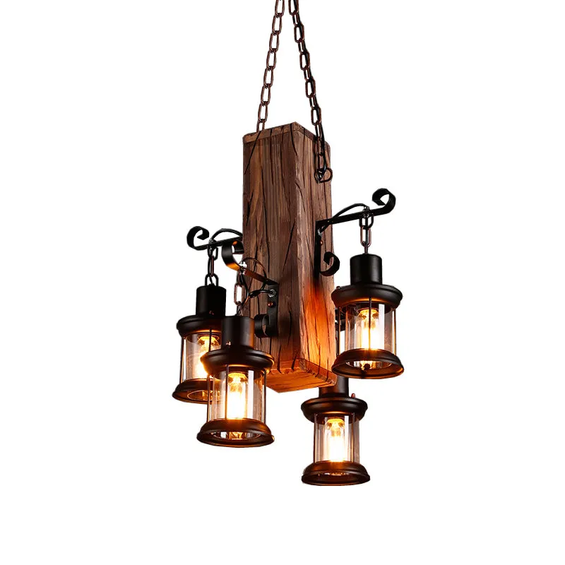Zwarte 4-lichts kroonluchterlamp, industriële helderglazen lantaarnhanglamp met houten balk Clearhalo