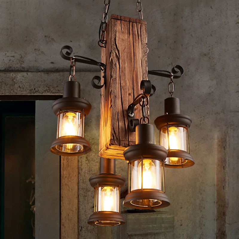 Zwarte 4-lichts kroonluchterlamp, industriële helderglazen lantaarnhanglamp met houten balk Clearhalo