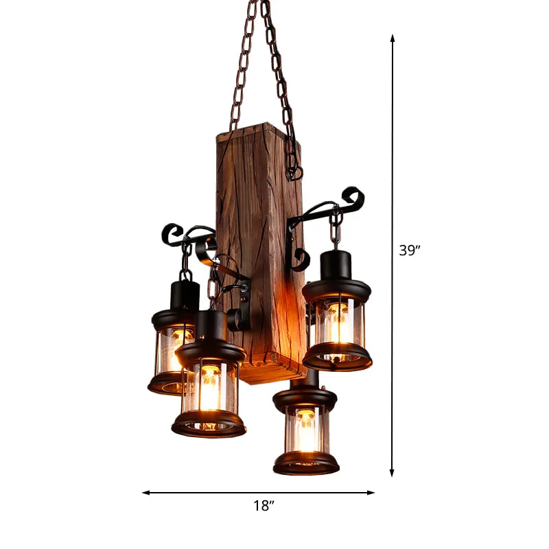 Zwarte 4-lichts kroonluchterlamp, industriële helderglazen lantaarnhanglamp met houten balk Clearhalo