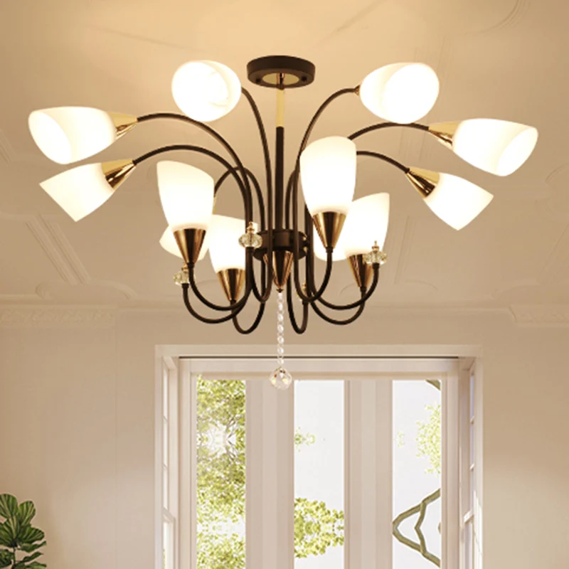 Zwarte 6/9/12 hoofden hangende kroonluchter traditionele stijl matglazen Empire schaduw plafond hanglamp Clearhalo