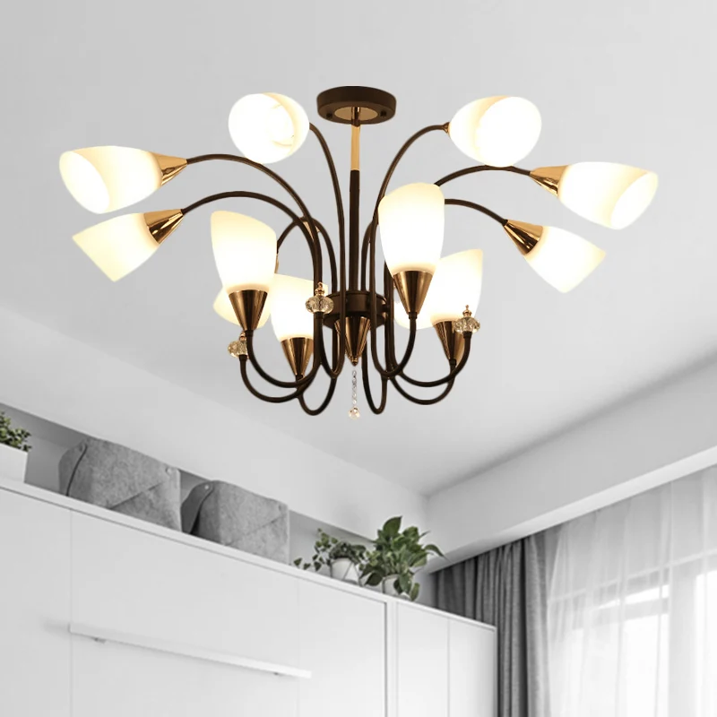 Zwarte 6/9/12 hoofden hangende kroonluchter traditionele stijl matglazen Empire schaduw plafond hanglamp Clearhalo