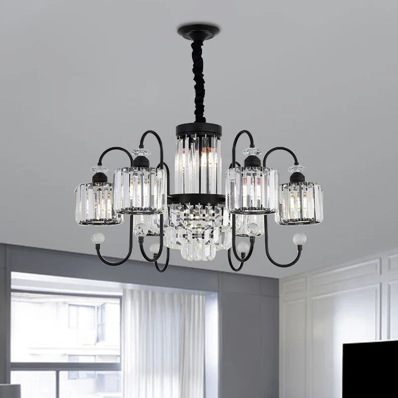 Zwarte 6-lichts ophangverlichting Moderne kristallen cilindrische kroonluchter met ovale arm Clearhalo