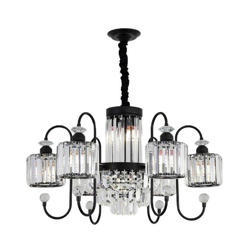 Zwarte 6-lichts ophangverlichting Moderne kristallen cilindrische kroonluchter met ovale arm Clearhalo
