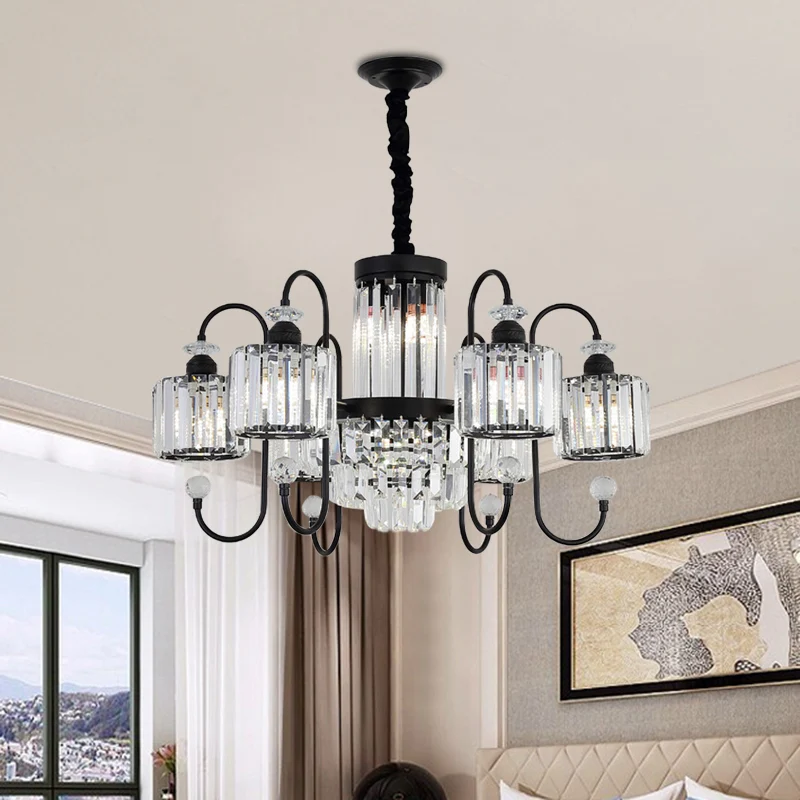 Zwarte 6-lichts ophangverlichting Moderne kristallen cilindrische kroonluchter met ovale arm Clearhalo