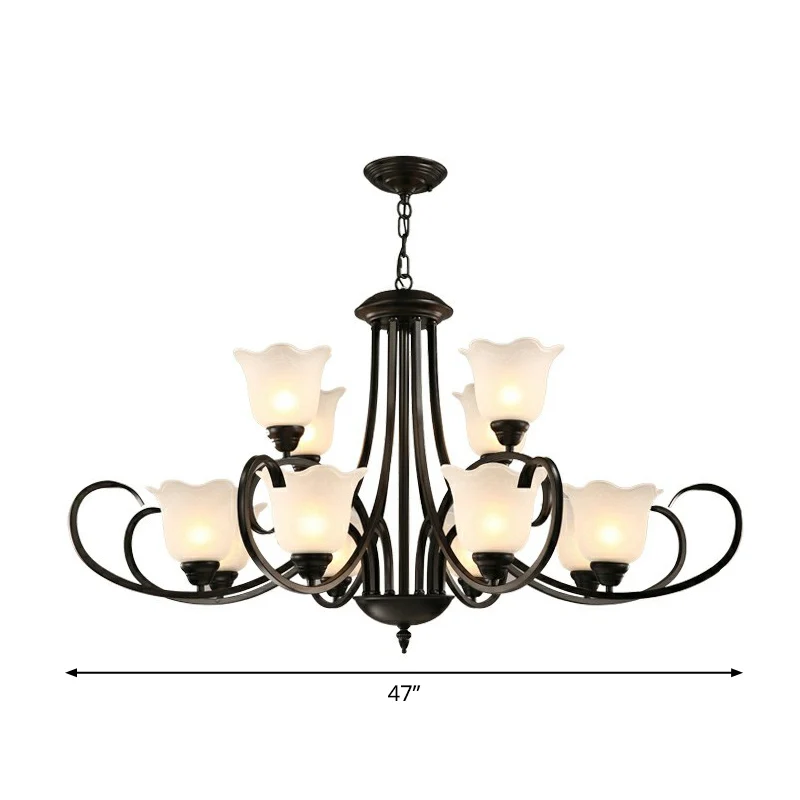 Zwarte afwerking kroonluchterverlichting Retro opaal matglas bloem hanglamp voor woonkamer Clearhalo