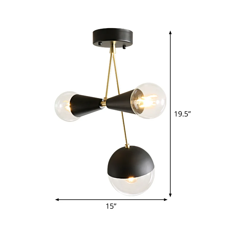 Zwarte bal en zandloper, semi-inbouw, eigentijds, 3 lampen, helder glas dicht bij plafondlamp Clearhalo