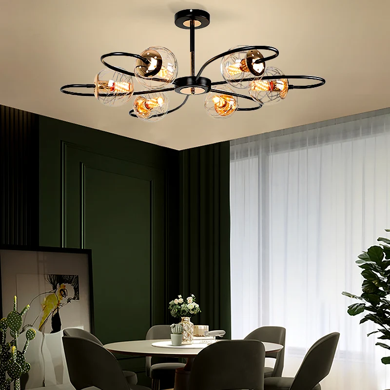 Zwarte bloemenwervelkroonluchter Minimalistische heldere bolglazen hanglamp voor woonkamer Clearhalo