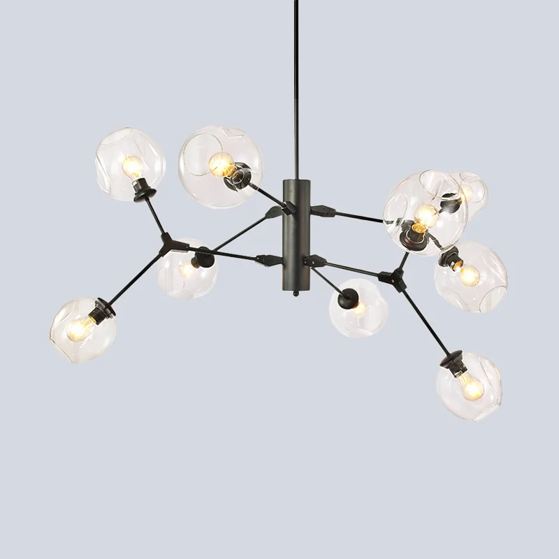 Zwarte bol hangende kroonluchter Minimalistische 9-lamps helder ingedeukte glazen tak hanglamp Clearhalo