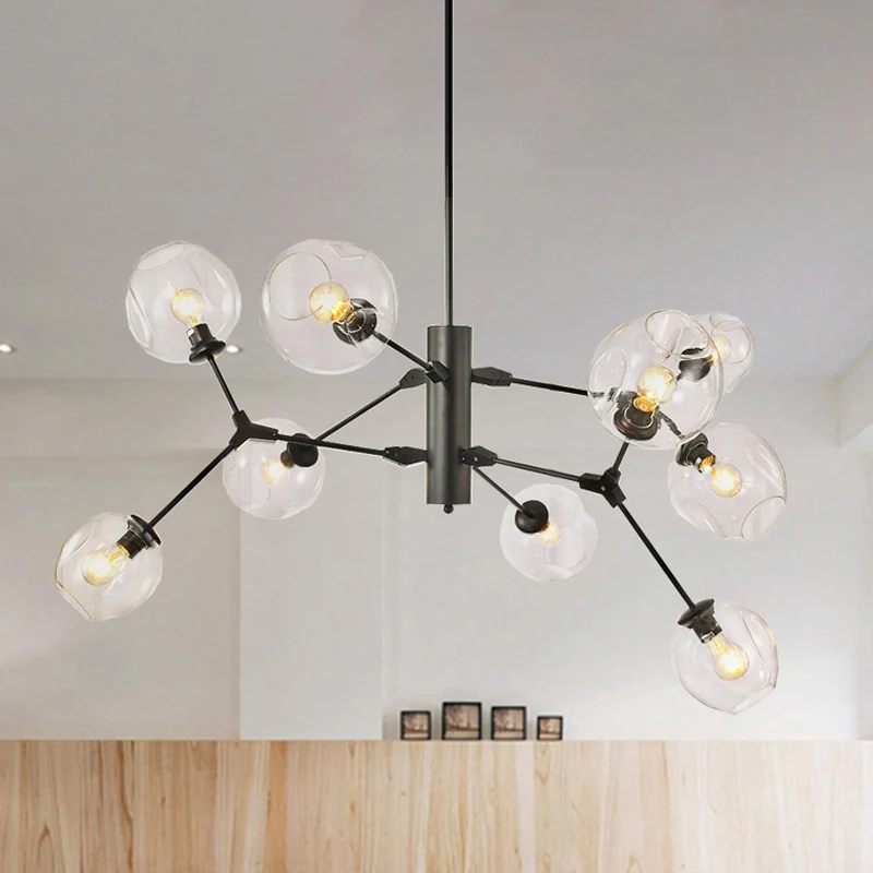 Zwarte bol hangende kroonluchter Minimalistische 9-lamps helder ingedeukte glazen tak hanglamp Clearhalo