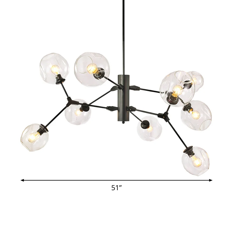 Zwarte bol hangende kroonluchter Minimalistische 9-lamps helder ingedeukte glazen tak hanglamp Clearhalo