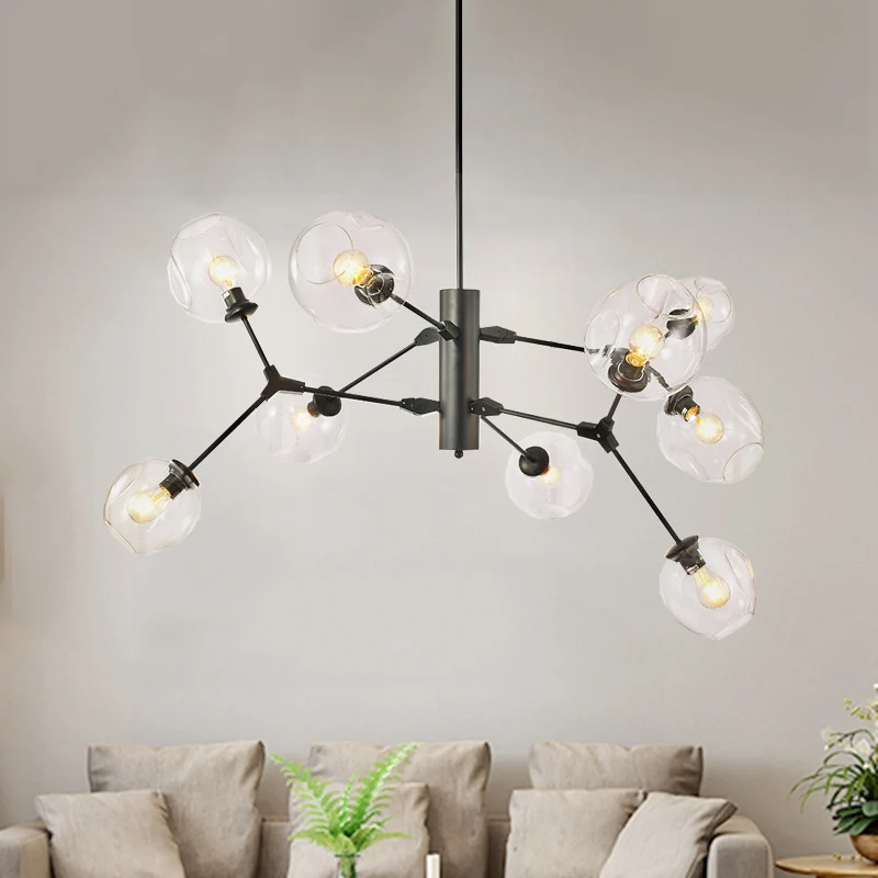 Zwarte bol hangende kroonluchter Minimalistische 9-lamps helder ingedeukte glazen tak hanglamp Clearhalo