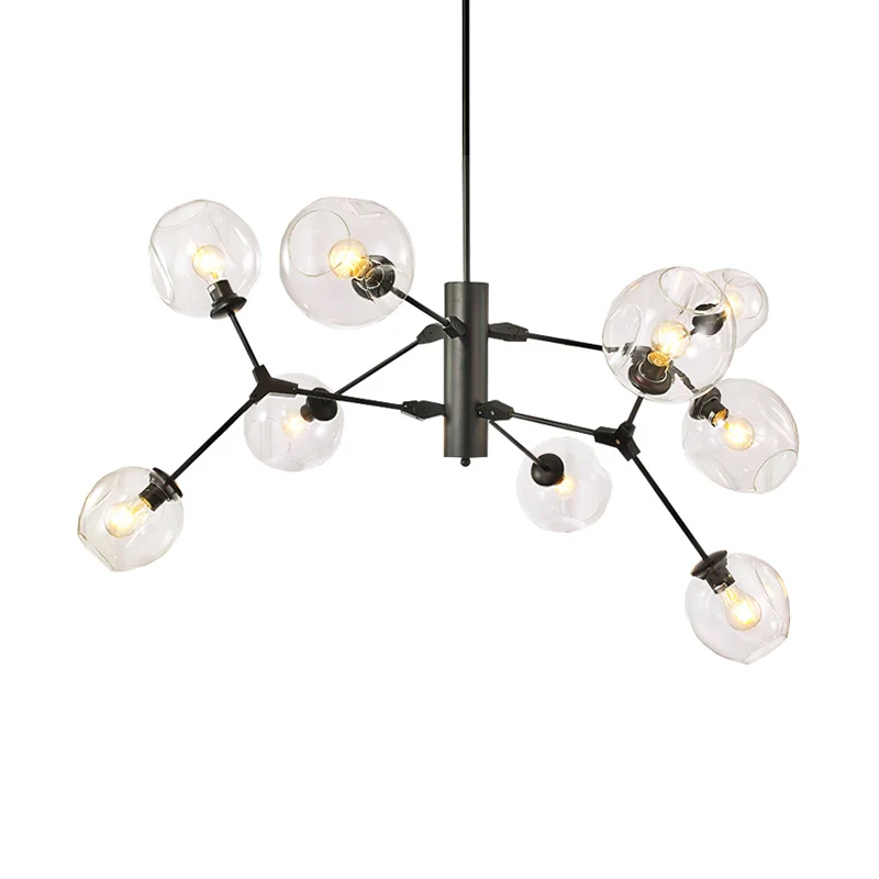 Zwarte bol hangende kroonluchter Minimalistische 9-lamps helder ingedeukte glazen tak hanglamp Clearhalo