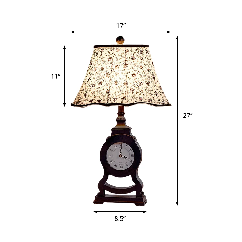 Zwarte bureaulamp met 1 lamp, klassieke stoffen uitlopende tafellamp met bloemmotief en klokontwerp Clearhalo