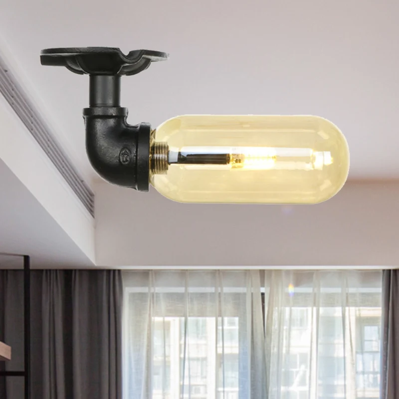 De zwarte Capsule Shade Semi Flush zet licht industrieel amberglas op 1 licht binnenplafondverlichtingsarmatuur met pijpon...
