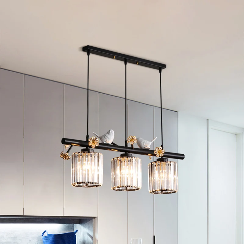 Zwarte cilinder eilandlamp modernistische 3-lichts kristallen rechthoekige hanglamp met bloem- en vogeldecor Clearhalo