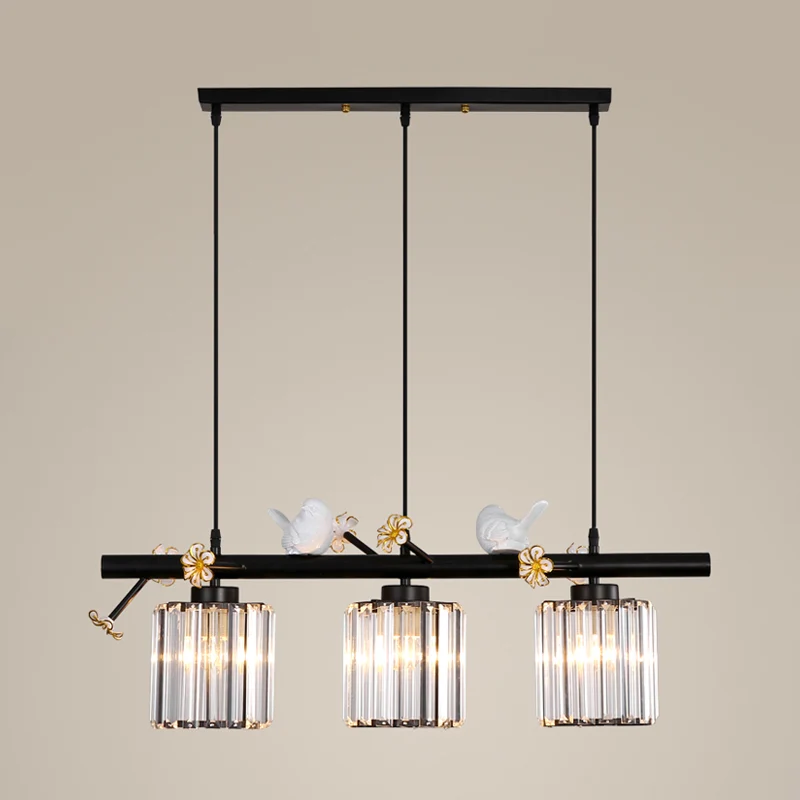 Zwarte cilinder eilandlamp modernistische 3-lichts kristallen rechthoekige hanglamp met bloem- en vogeldecor Clearhalo