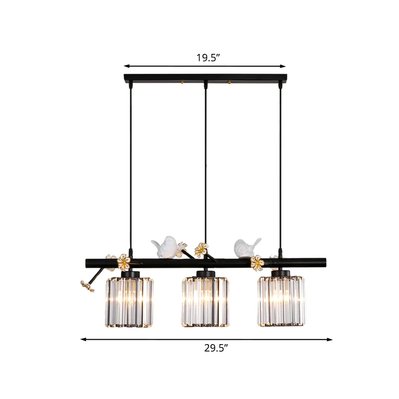 Zwarte cilinder eilandlamp modernistische 3-lichts kristallen rechthoekige hanglamp met bloem- en vogeldecor Clearhalo