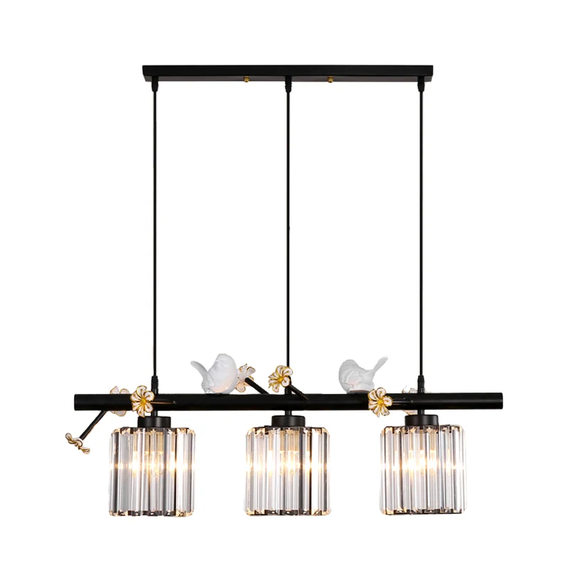 Zwarte cilinder eilandlamp modernistische 3-lichts kristallen rechthoekige hanglamp met bloem- en vogeldecor Clearhalo