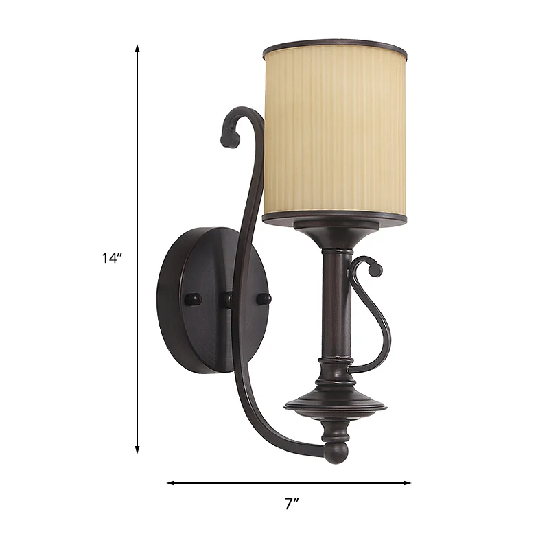 Zwarte cilinder wandlamp retro stoffen kap 1-lichts woonkamer wandlamp met metalen ronde arm Clearhalo