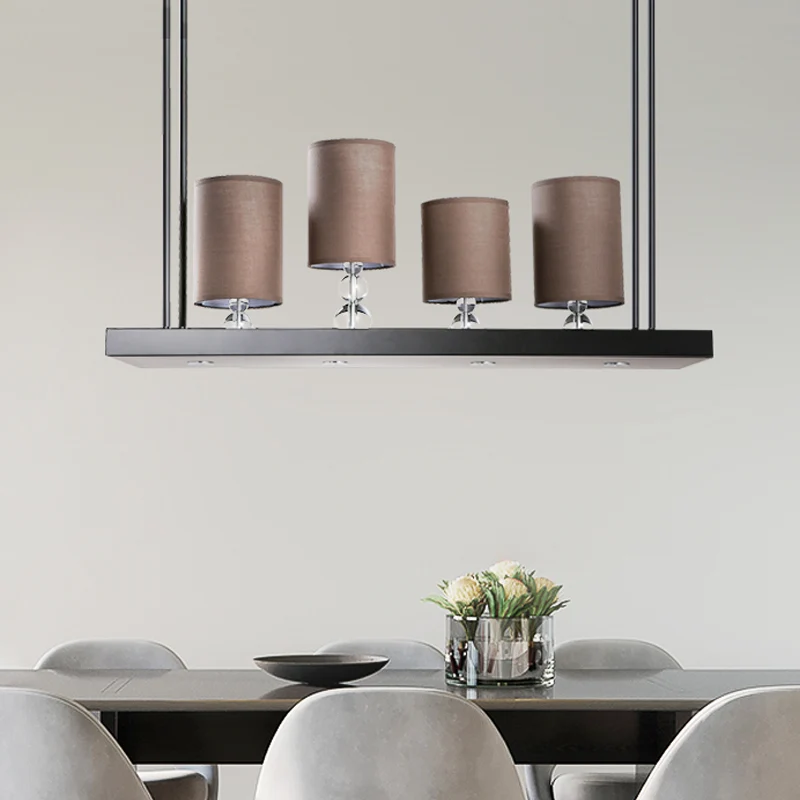 Zwarte cilindereilandlamp, traditionele stoffen hanglamp met 4 lampjes, eetkamerhanglamp met metalen lineaire plank Clearhalo