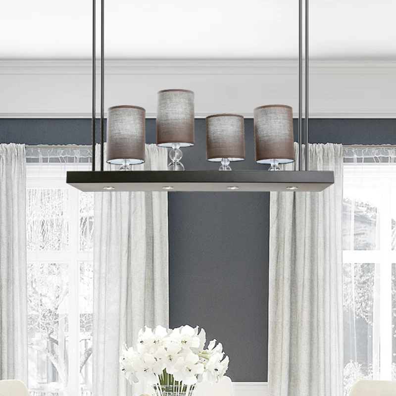 Zwarte cilindereilandlamp, traditionele stoffen hanglamp met 4 lampjes, eetkamerhanglamp met metalen lineaire plank Clearhalo