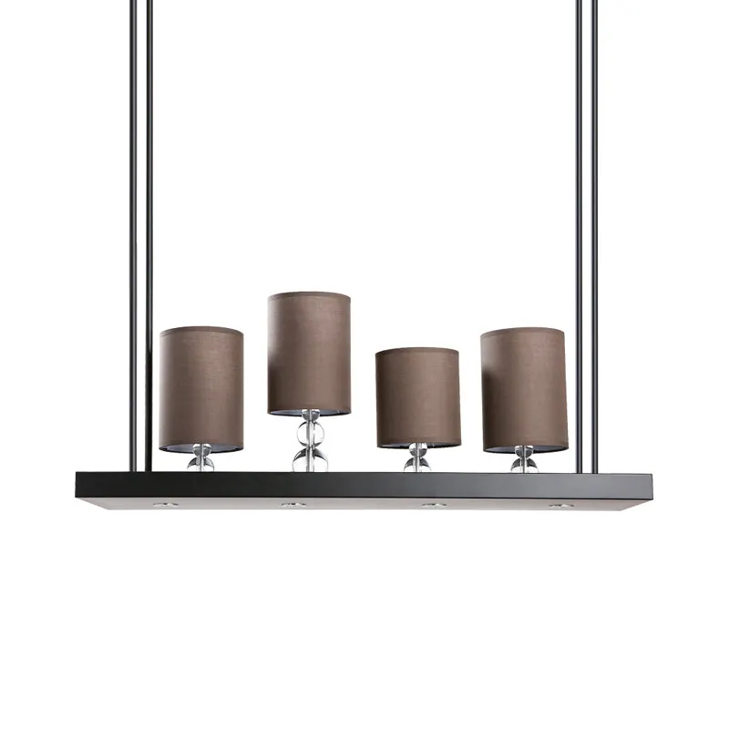 Zwarte cilindereilandlamp, traditionele stoffen hanglamp met 4 lampjes, eetkamerhanglamp met metalen lineaire plank Clearhalo