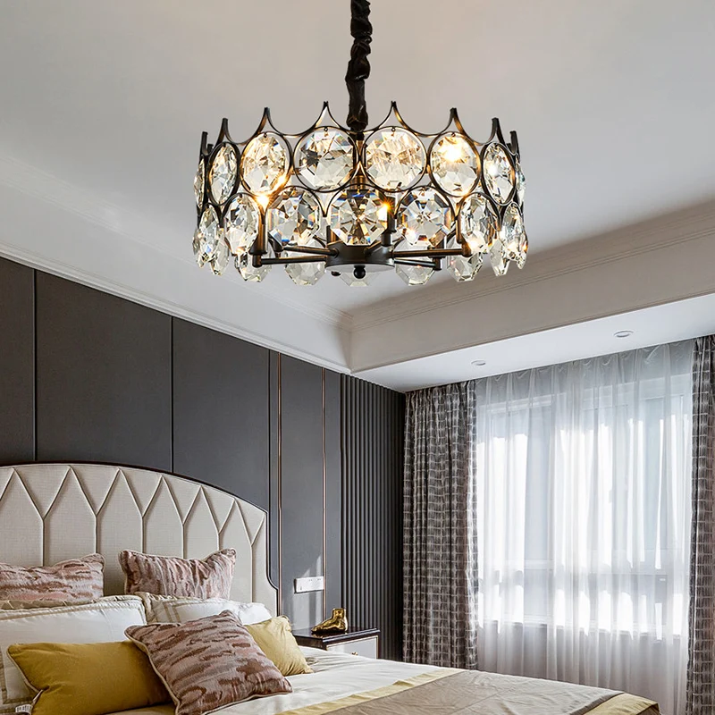 Zwarte cirkel hangende kroonluchter Landelijk helder kristal woonkamer hanglamp met Spoetnik-ontwerp Clearhalo