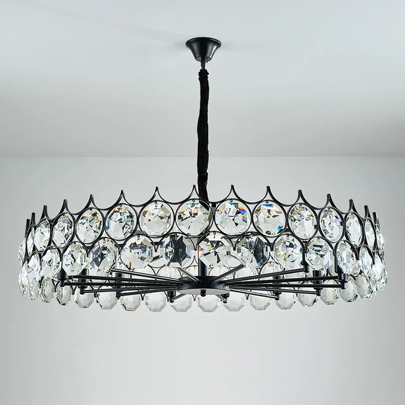 Zwarte cirkel hangende kroonluchter Landelijk helder kristal woonkamer hanglamp met Spoetnik-ontwerp Clearhalo