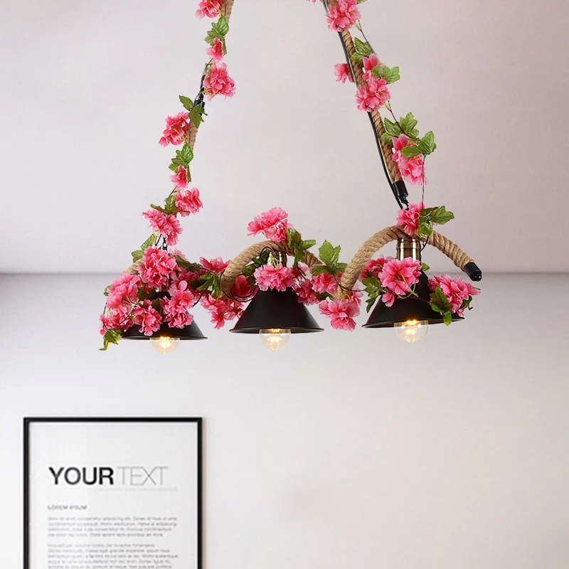 Zwarte conische eilandlamp Magazijn Metaal 3-lichts hangend restaurantplafondlamp met gedraaid touw en nepbloem Clearhalo