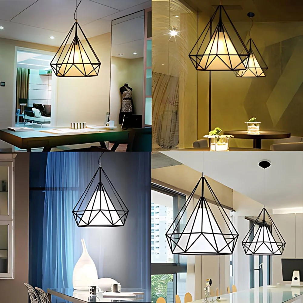 Zwarte draadkooi hangende hanger met stoffen kap Metalen moderne 1-lichts hanglamp voor eetkamer Clearhalo