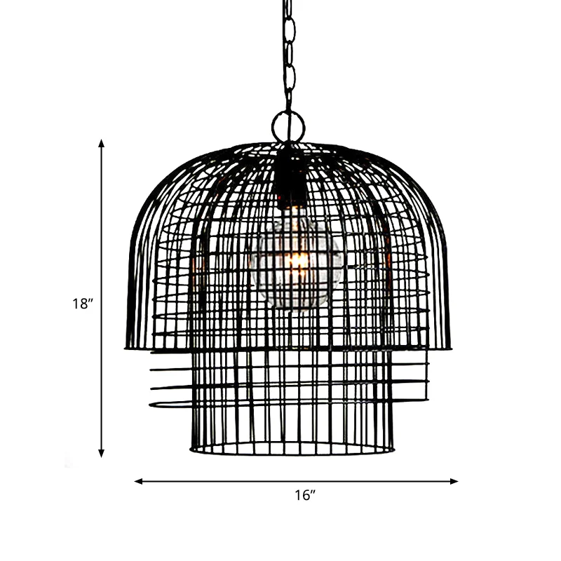 Zwarte draadkooi hanglamp vintage metaal 1 licht woonkamer hangend plafondlicht Clearhalo
