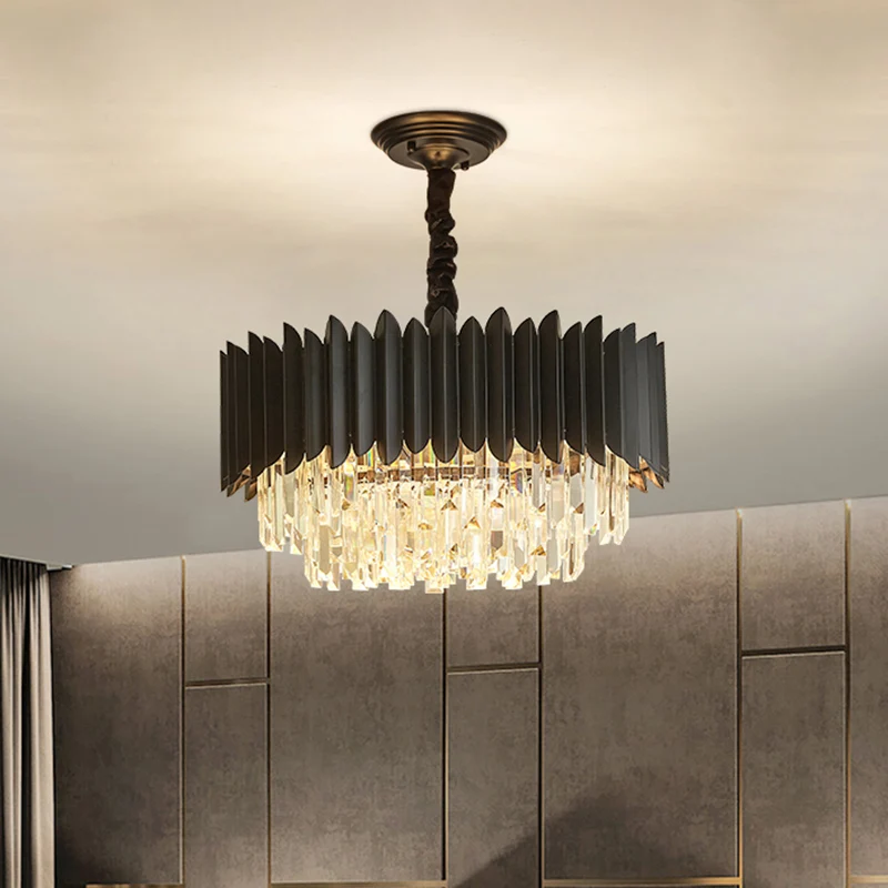 Zwarte Drum Hangende Kroonluchter Moderne Kristallen Staaf 4/5-Lampen Salon Plafond Hanglamp Clearhalo