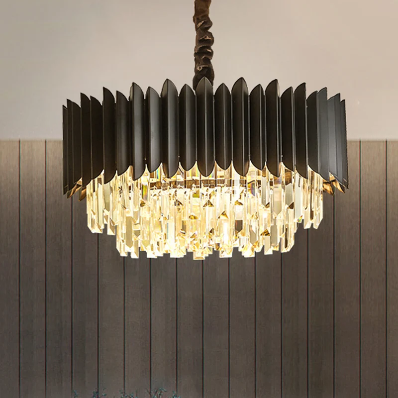 Zwarte Drum Hangende Kroonluchter Moderne Kristallen Staaf 4/5-Lampen Salon Plafond Hanglamp Clearhalo