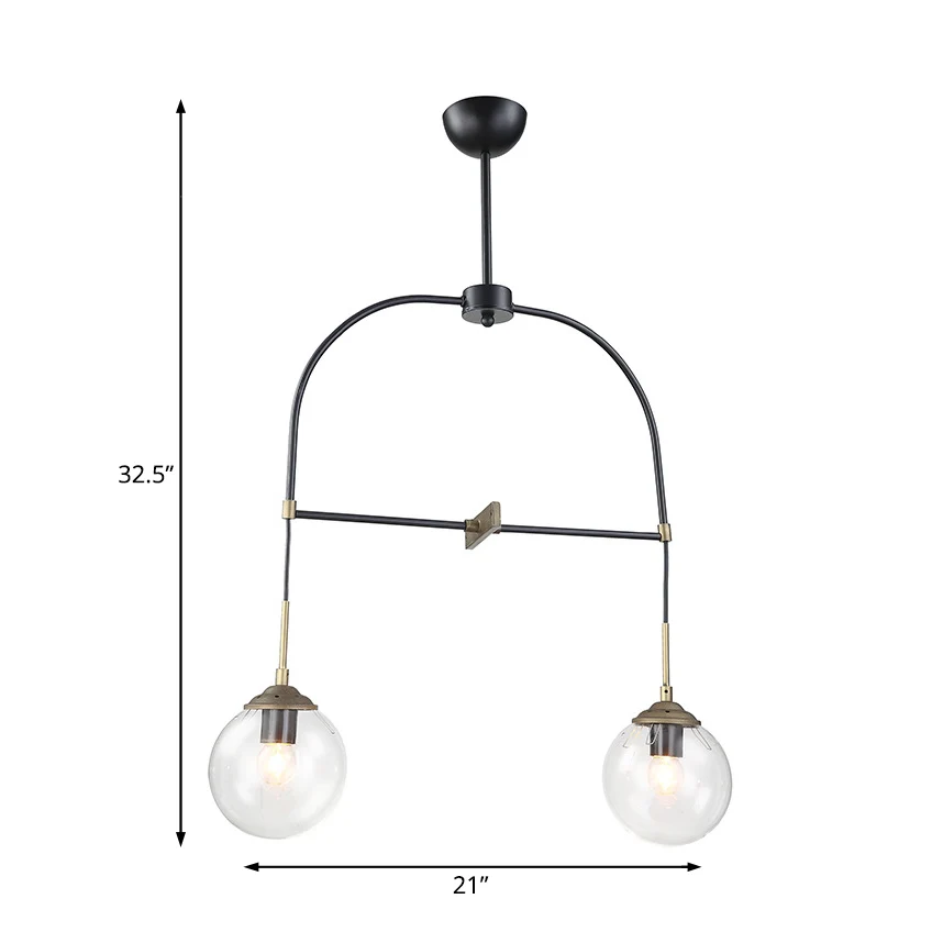 Zwarte gebogen hanglamp, 2 lampen, eigentijdse metalen plafondhanglamp met glazen kap voor café Clearhalo