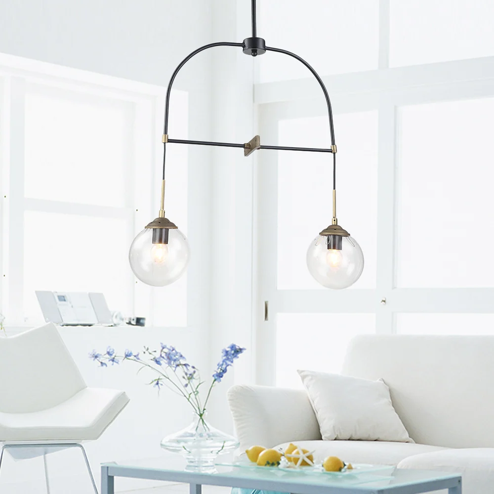 Zwarte gebogen hanglamp, 2 lampen, eigentijdse metalen plafondhanglamp met glazen kap voor café Clearhalo